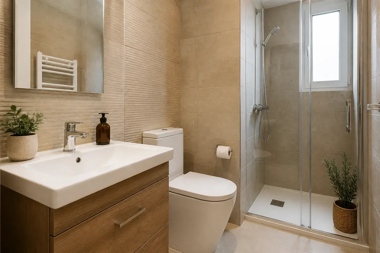 Baño de piso en Madrid con sanitarios recién instalados y acabado limpio.