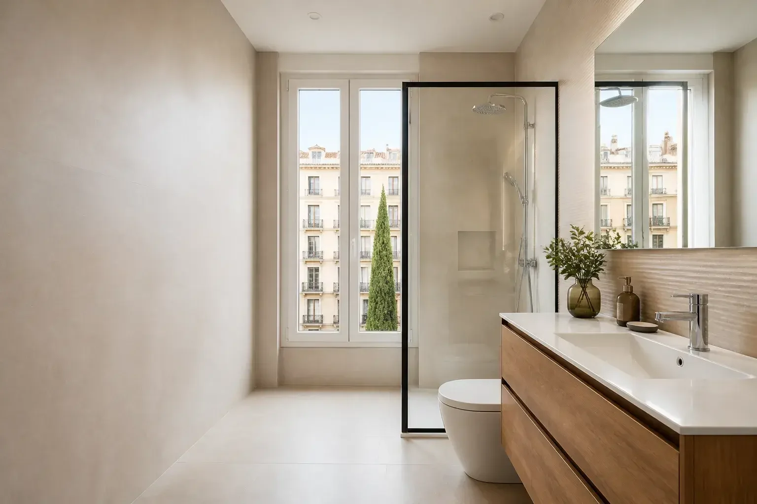 Baño moderno en Madrid, limpio y despejado, ideal para un cierre de página.