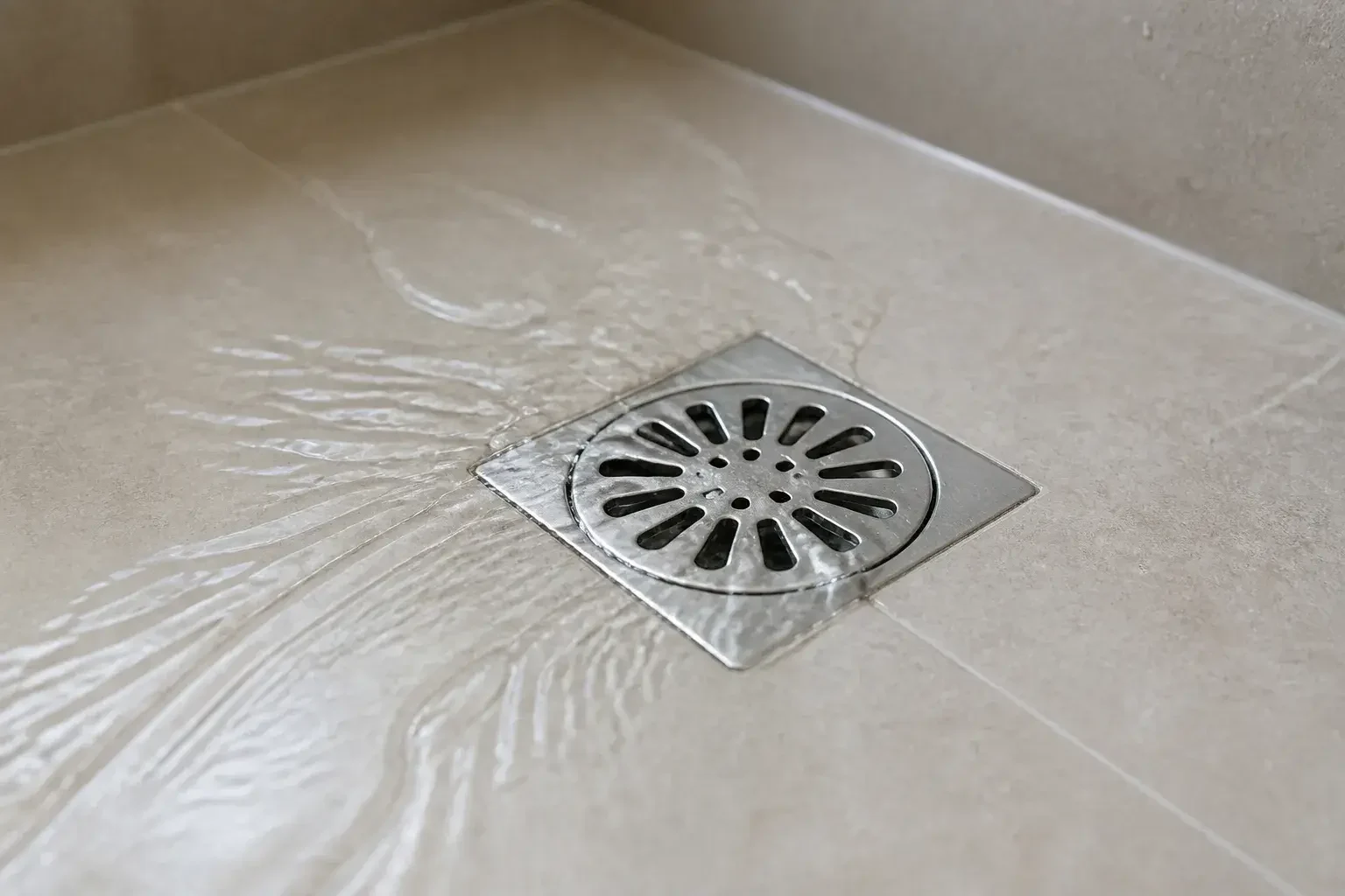 Desagüe de ducha despejado, con el agua corriendo con normalidad.