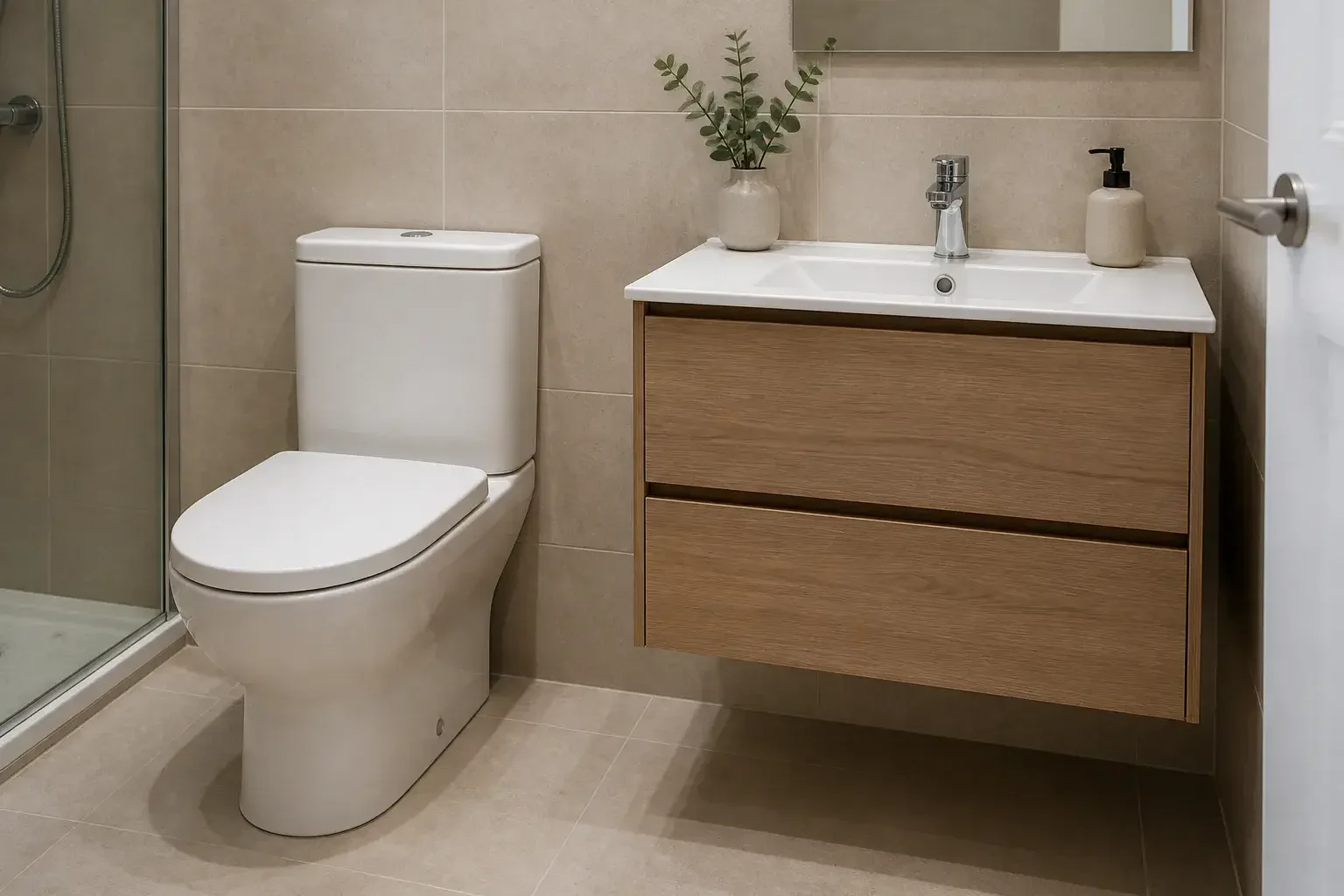 Baño con sanitario y lavabo nuevos, acabados limpios y alineados.