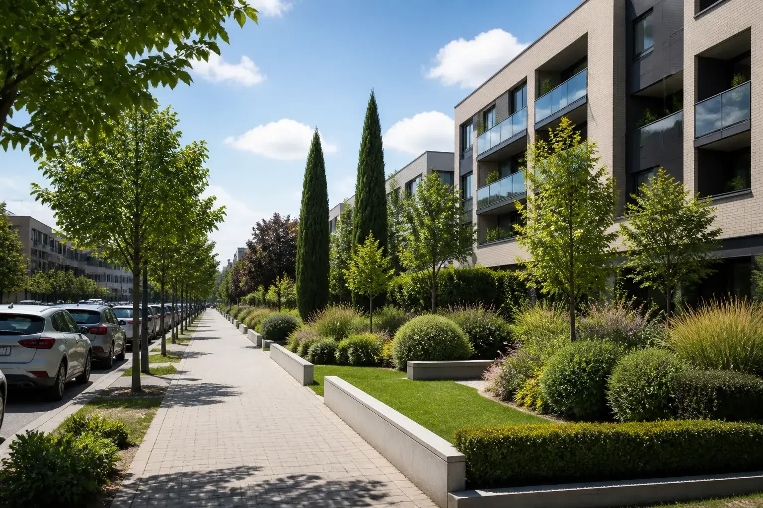 Zona residencial de Alcobendas con edificios modernos y calles cuidadas.