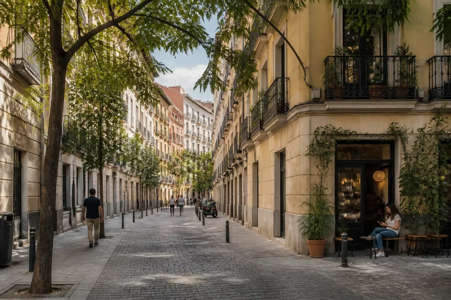 Calle residencial de Madrid con fachadas clásicas y ambiente urbano.