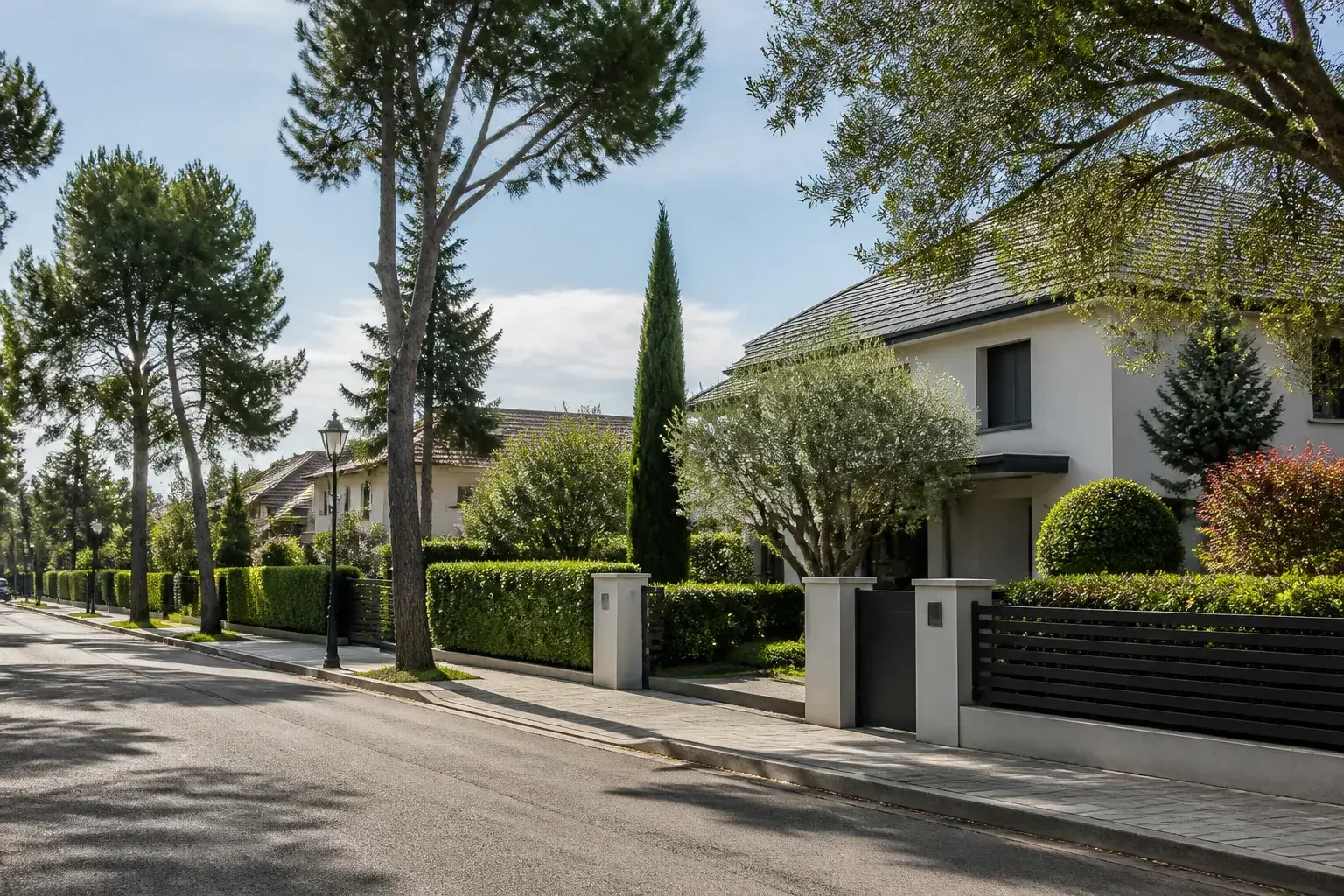 Calle arbolada de Pozuelo de Alarcón con casas y jardines cuidados.