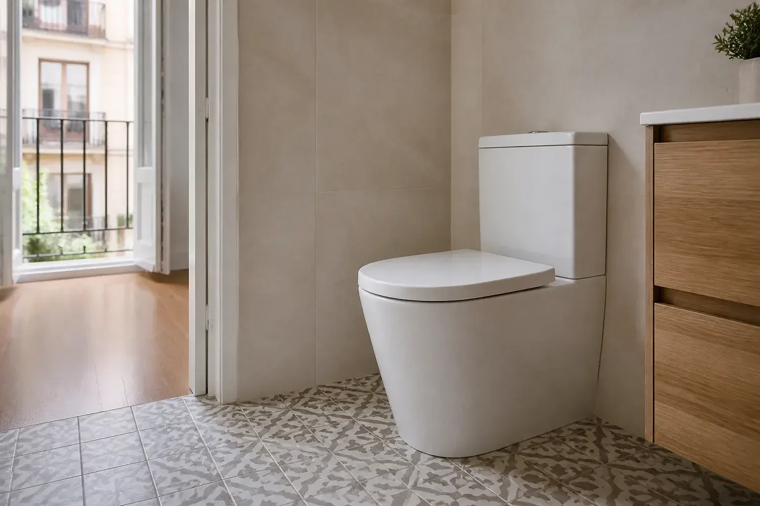 Inodoro nuevo instalado en un baño renovado y completamente terminado.