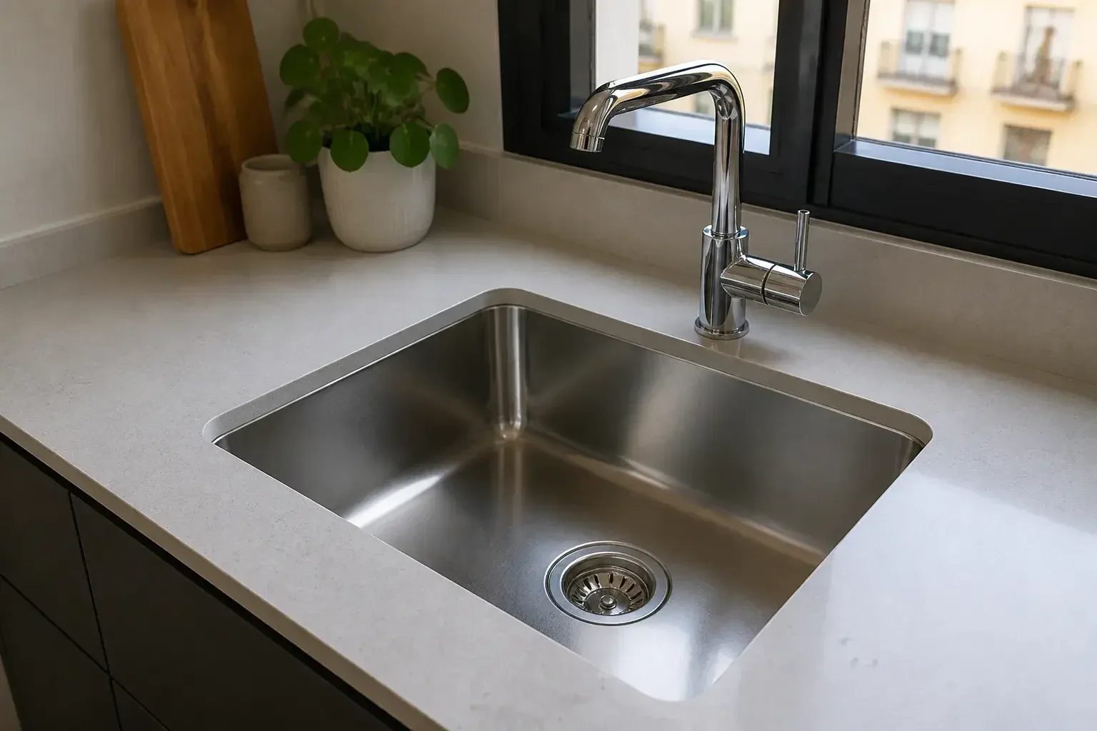 Fregadero de cocina despejado tras un desatasco en una vivienda de Madrid.