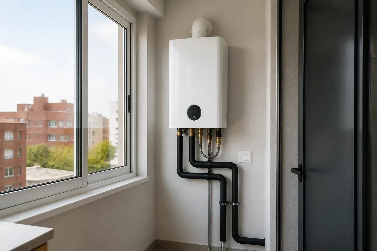 Calentador de agua instalado en pared con tuberías ordenadas y acabado limpio.